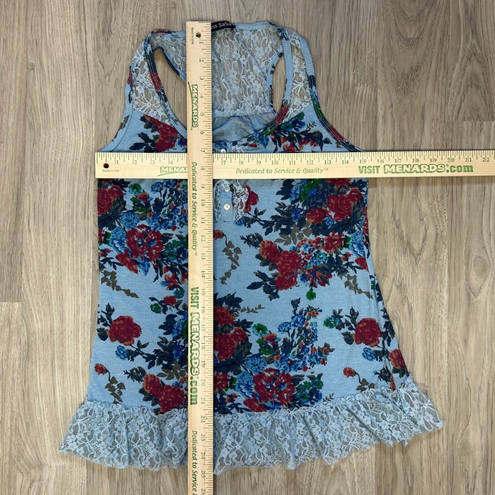 Miss SaSa Blue Floral Lace Trim Tank Top Racerback Henley Coquette Cottagecore L - Picture 3 of 5
